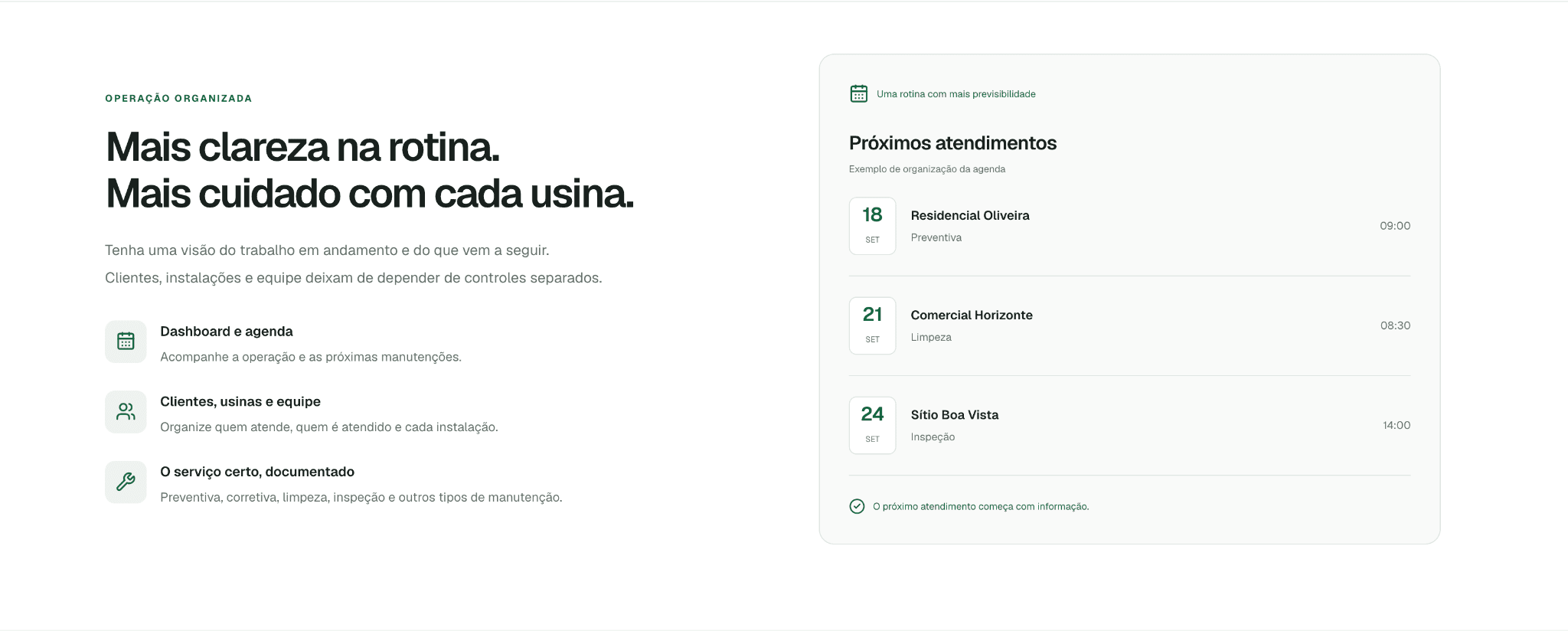 Agenda do UsinaDoc com próximos atendimentos de manutenção solar