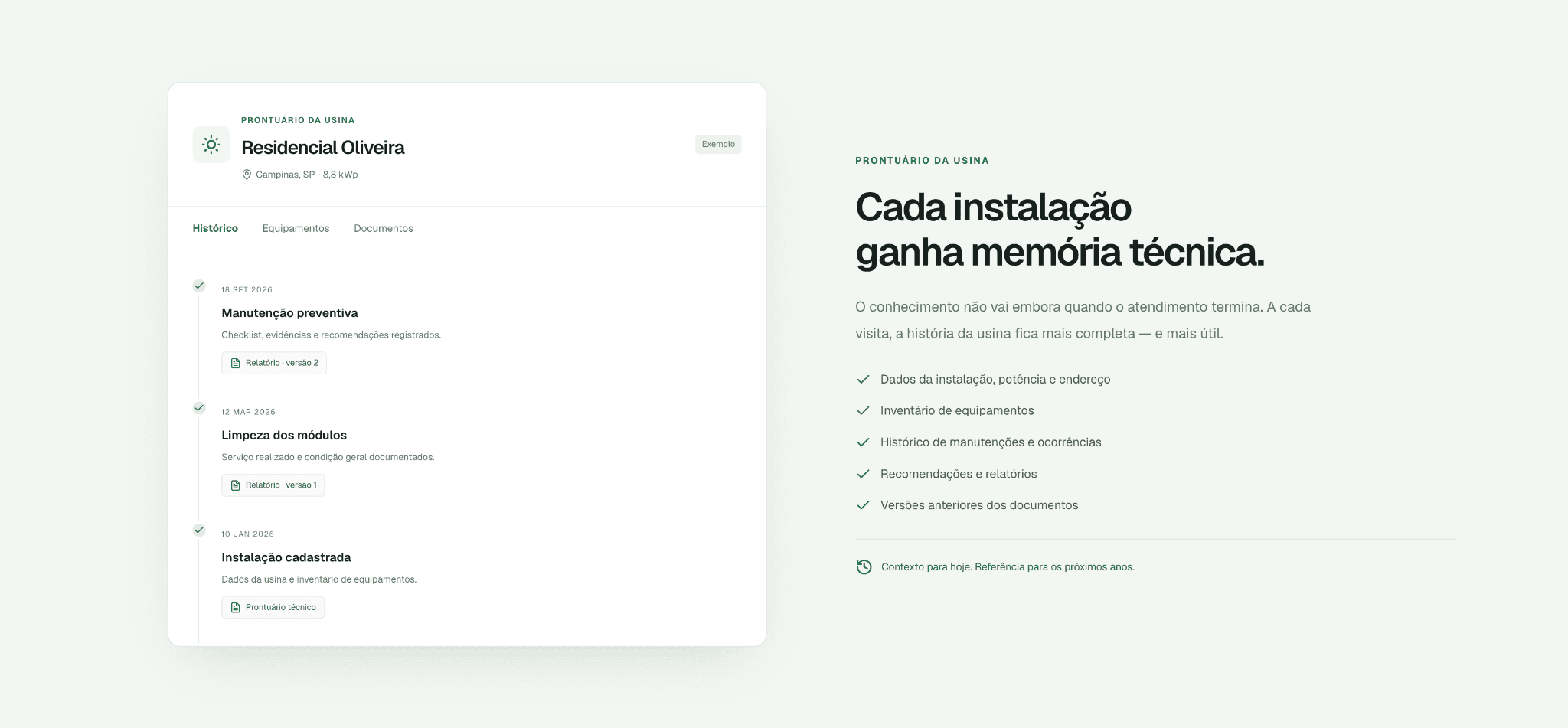 Prontuário técnico de uma usina no UsinaDoc com histórico de manutenções